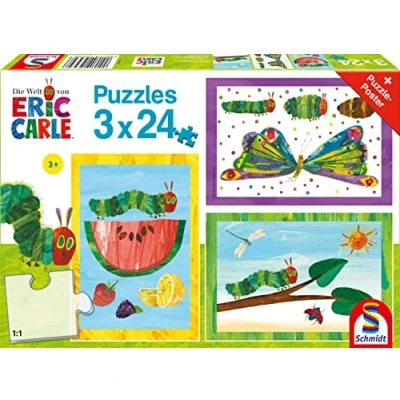Immagine di Schmidt Spiele Piccolo Bruco Molto Affamato e Farfalla 3 x 24 Pezzi Puzzle per Bambini, Colore Colorato, 56430