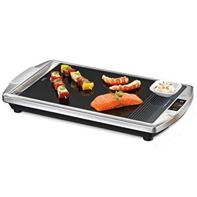 Immagine di ROMMELSBACHER CERAN® Grill CG 2308/TC Made in Germany SCHOTT CERAN®, superficie grill, temperatura regolabile da 80 a 280 C, display LED, controllo touch, grondaia, alloggiamento acciaio inox