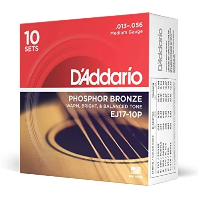 Immagine di D&#039;Addario Corde Chitarra Acustica per EJ17 10P Set EJ Phosphor BRZ RND WND, Confezione da 10, 13 56