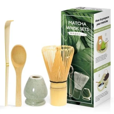 Immagine di 4 Pezzi Kit Cerimonia Matcha Giapponese, Frusta in Bambù Naturale, Cucchiaio di Bambù, Paletta Porta Frusta, Set per la Del tè, il Drink Verde