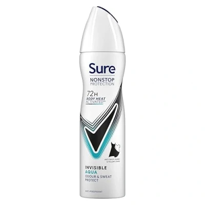 Immagine di Sure Invisible Aqua Nonstop Protection Deodorante spray che protegge da macchie bianche e gialle Anti traspirante aerosol 72h protezione contro sudore odori 6 x 150 ml
