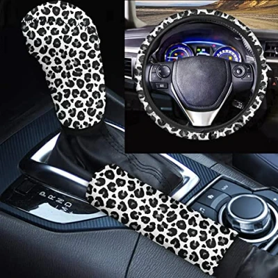 Immagine di TOADDMOS Set di coprivolante grigio leopardo, resistente pomello del cambio + copertura freno a mano, 3 pezzi universali per interni auto da donna