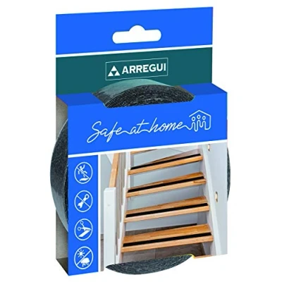 Immagine di Arregui A 1050050 Antiscivolo nera per interni ed esterni, alta trazione forte, nastro adesivo di sicurezza scale, gradini, 5 m x 25 mm