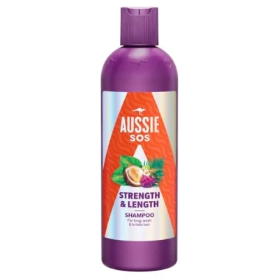 Immagine di Aussie SOS Strength &amp; Length Shampoo 300ml Idrata E rafforza I Capelli lunghi, deboli fragili. Nutre Fragili Aiuta A Prevenire Le Punte Aperte Danni Di Acconciatura. Formula Vegana