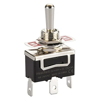 Immagine di Heschen interruttore a levetta in metallo, C513A, SPDT, mantenuto ON/OFF/ON, 3 posizioni, 15A 250VAC, tab terminale, CE
