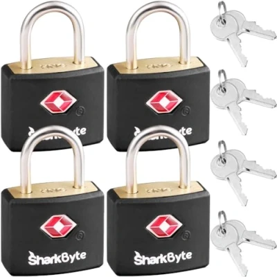 Immagine di SharkByte serratura per valigie approvata TSA [confezione da 4, 8 chiavi], serrature viaggio con chiave, lucchetto valigie, bagagli chiave piccola, palestra,