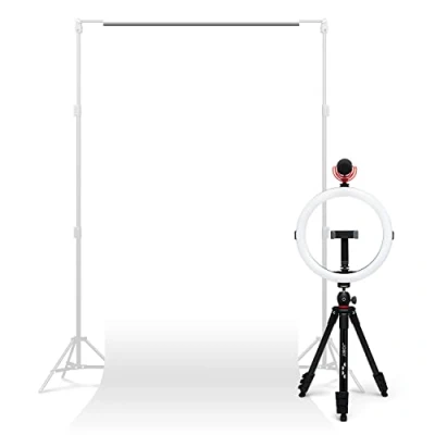 Immagine di JOBY Creator Studio Complete Kit Treppiede intero con morsetto per smartphone, luce ad anello da 12&quot;, microfono a pistola shotgun, sfondo bianco senza cuciture e cavo di ricarica rapida 3 in 1, 1,2 m