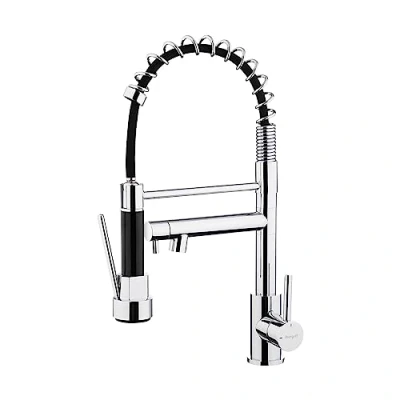 Immagine di Ibergrif Spring M22144 Miscelatore per lavello da cucina, con doccetta estraibile, doppia leva doppio beccuccio, ad arco alto girevole a 360, cromato
