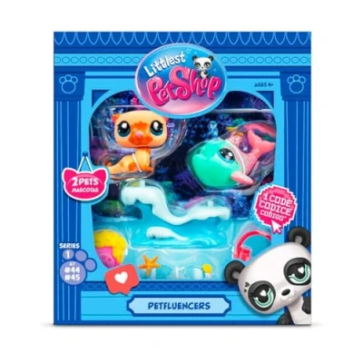 Immagine di Bandai Littlest Pet Shop Petfluencer Shell Fie Fun Set contiene 2 mini giocattoli per animali domestici LPS, 4 accessori, 1 sfondo, carta da collezione e codice virtuale,