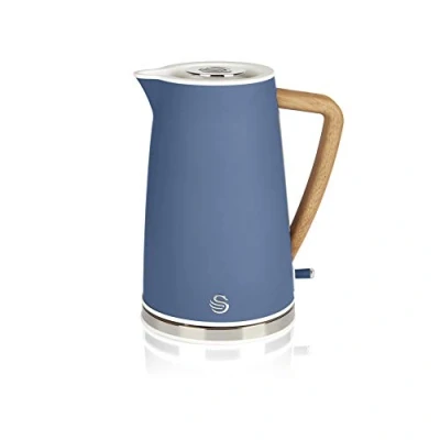 Immagine di Swan Nordic Bollitore elettrico ultra veloce, senza fili, design moderno, 1,7 l, 2200 W, manico effetto legno, spegnimento automatico, blu opaco