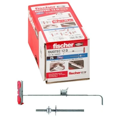 Immagine di Fischer 25 Tasselli per Cartongesso DUOTEC 12 con vite metrica M6, Fissaggio ad Ancora Carichi Elevati su Pannelli e Lastre, Foro mm 544597, grigio
