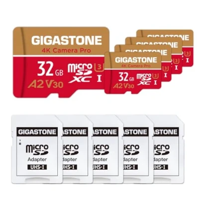 Immagine di GIGASTONE Scheda di memoria da 32 GB 5 Carte, 4K Fotocamera Pro, compatibile con GoPro Drone Switch, Velocità 95 MB/s. per UHD Video, A2 U3 V30 MicroSDHC adattatore