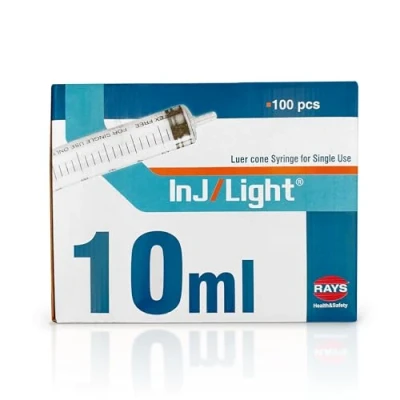Immagine di Rays Siringhe Monouso da 10 ml a Tre Corpi con Cono Luer Centrale Senza Ago di Inj/Light Siringa Confezione 100 Unità, Sterilizzate Ossido Etileno, Lattice