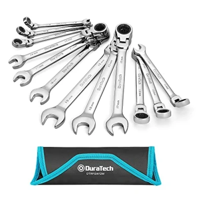 Immagine di DURATECH Set di chiavi a cricchetto con testa flessibile, 12 pezzi, 72 denti, acciaio al cromo vanadio, metriche, 8 19 mm