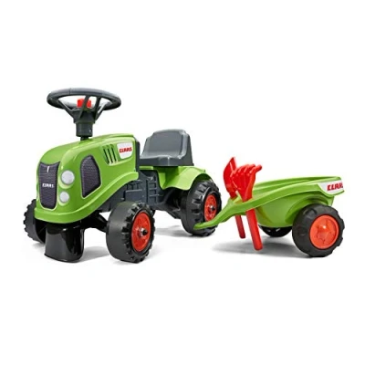 Immagine di Falk Trattore Claas con rimorchio Da 12 mesi Made in France Pala e rastrello inclusi 2 stili di personalizzazione Targa personalizzabile 212C