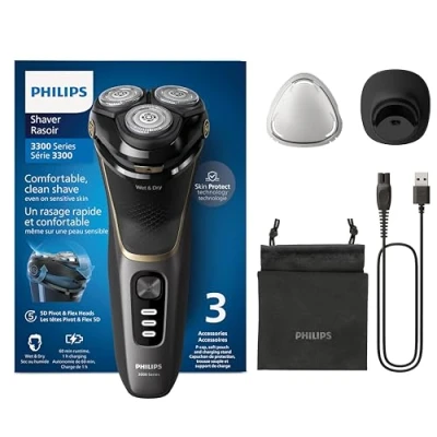 Immagine di Philips Rasoio elettrico serie 3000 Wet&amp;Dry per uomo, tecnologia SkinProtect, colore Deep Black, rifinitore a scomparsa, supporto di ricarica, astuccio da viaggio (modello S3342/13)