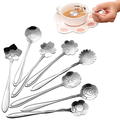 Immagine di Set di cucchiaini per fiori 8 forme cucchiaino da caffè in acciaio inox stoviglie creative, cucchiai Fiori, cucchiaio misto 12,5 cm zucchero gelato