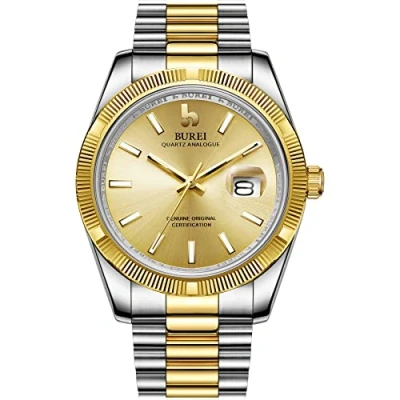 Immagine di BUREI quarzo uomo orologi di analogico data orologio da polso in vetro zaffiro con lente a due toni acciaio inox banda (Oro+Argento)