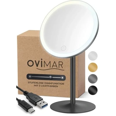 Immagine di ovimar Specchio cosmetico Skorpa nero con illuminazione ricaricabile indipendente nel bagno ingranditore 5x per il trucco luce a 360 gradi