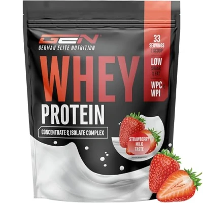 Immagine di Whey Proteine Complesso 1000 g (Latte alla Fragola) con percentuale di isolato in polvere solubili istantanee BCAA ed EAA German Elite Nutrition