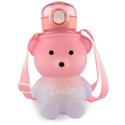 Immagine di Kikuo Borraccia con Cannuccia, Bollitore a forma di Orso Carino, Bottiglia d&#039;acqua Portatile prova perdite, 800 ml Grande Capacità per la Ragazze, Scuola e Ogni Occasione (Blu Rosa)
