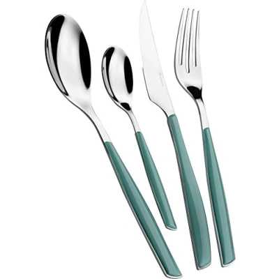 Immagine di BUGATTI, Glamour, Set Posate 24 Pezzi in Acciaio Inox 18/10 e Manico Colore Verde Celadon. 6 Persone Composto da cucchiai, forchette, coltelli cucchiaini caffè