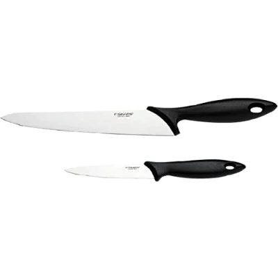 Immagine di Fiskars Set di 2 Coltelli, Coltello da Cucina (Lunghezza Lama: 21 cm) e Spelucchino 11 cm), Essential, Acciaio Inox / Plastica PP, Nero, 1065582