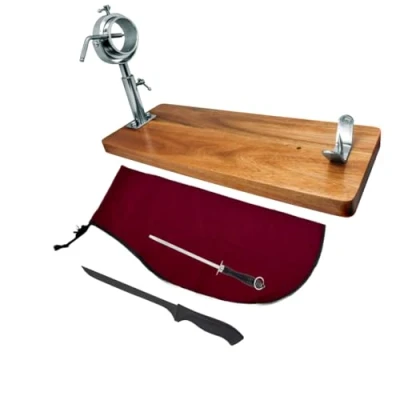 Immagine di Nerthus Testa Girevole e telescopico + Copre bordolese affilatrice Manuale Coltello prosciutto Set, Legno Acciaio Inossidabile