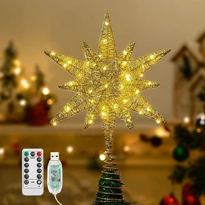 Immagine di Lewondr Puntale per Albero di Natale a Forma Stella, 11&quot; con Base Spirale Telecomandato Alimentato da USB o Batteria, 8 modalità Luce Timer, Oro Champagne