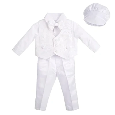 Immagine di Lito Angels Completo Abito Bianco da Battesimo per Bimbo, 5 Pezzi Set (Gilet, Camicia, Pantaloni, Papillon e Cappello), Taglia 6 9 Mesi, Manica Lunga, Floreale
