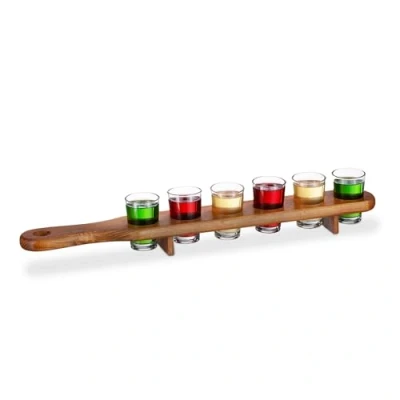 Immagine di Relaxdays Tagliere per Shots in legno, set di 3, 18 bicchieri, piatto pratico, mezzo metro, ottima idea regalo, vassoio, marrone