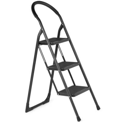 Immagine di Ondis24 Hugo, scala pieghevole a 3 livelli, fino 150 kg, in acciaio verniciato polvere, manico extra lungo (nero, livelli)
