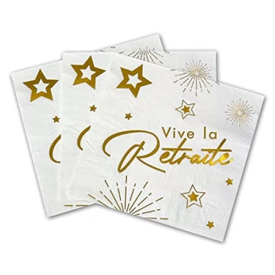 Immagine di Tralala Fêtes® Set di 16 tovaglioli da tavola &quot;Vive la pensione&quot; usa e getta in carta per celebrare un partenza pensione, decorazione festiva, 33 x cm aperti (bianco oro)
