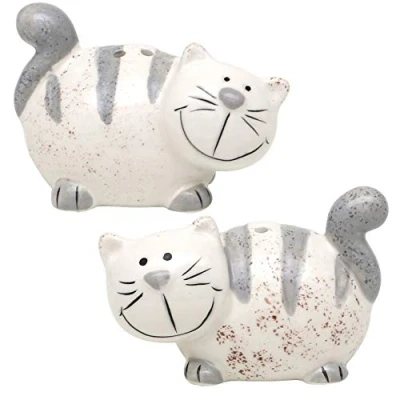 Immagine di Dekohelden24 Set di 2 spargisale in ceramica per gatti, dimensioni circa 7 x 6 cm.