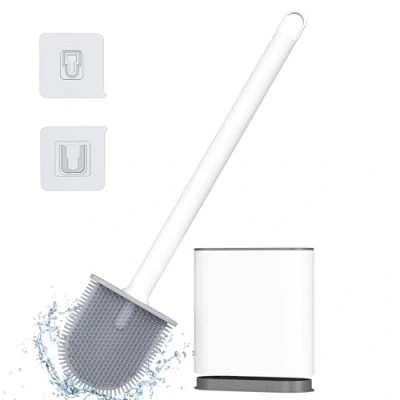 Immagine di Alyvisun Scopino WC Silicone, Spazzolone Bagno ad Asciugatura Rapida, Set Scopettino a Manico Lungo, da Montato Parete/in Piedi, Bianco