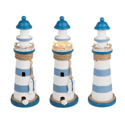 Immagine di Out of the blue Faro in legno con LED, ca. 10 x 30 cm, per 2 batterie Mignon (AAA)
