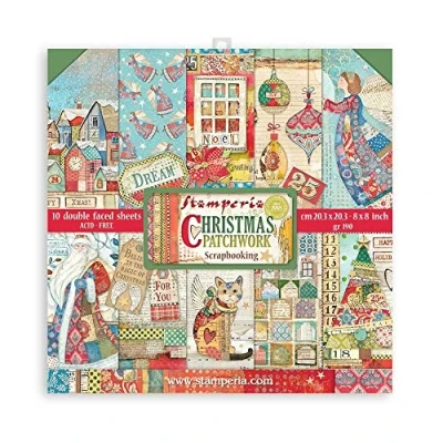Immagine di STAMPERIA INTL, KFT (3PL) Confezione da 10 Fogli a Doppia Superficie 20,3 x cm (8&quot; 8&quot;) Christmas Patchwork, Multicolore, 20.3x20.3