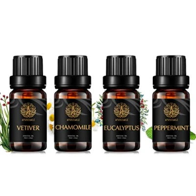 Immagine di Set di oli essenziali per aromaterapia, menta piperita, camomilla, vetiver, eucalipto, profumati al 100%, terapeutici diffusore, massaggi, umidificatore, 4 x 10 ml