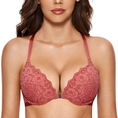 Immagine di DOBREVA Donna Reggiseno Push Up Apertura Frontale Pizzo con Ferretto Imbottito Scollatura Profonda Mele 3B