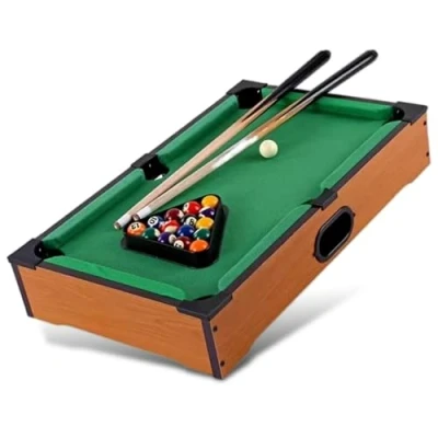 Immagine di Mini tavolo da biliardo mobile Copertura in feltro verde 2 stecche, 16 palle, triangolo e gesso Colore legno chiaro Ideale per bambini adulti 51 x 34 9.5 cm