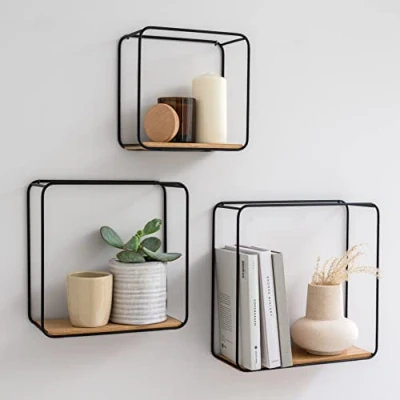 Immagine di Kazai. Mensole da Muro Design Jona Scaffale Metallo a 3 Parti con Impiallacciatura in Vero Legno Decorazione della Parete, Libreria Scaffale, per Camera Letto, Bagno, Cucina Quercia