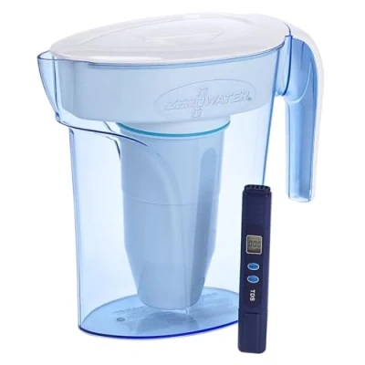 Immagine di ZeroWater Caraffa Filtrante per Acqua a 5 Fasi da 1,7 L Brocca con Certificazione NSF Riduce la Presenza di Piombo PFOA/PFOS e Altri Metalli Pesanti Bianca Blu