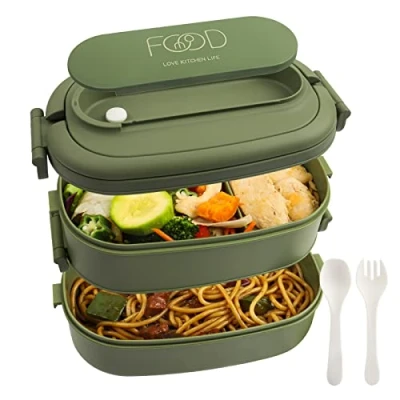 Immagine di OITUGG Lunch Box 2 Strati 1550ml Portapranzo per Adulti ufficio Bento con Scomparti e Posate Contenitori Porta Pranzo Bambini Scuola, Senza BPA, Microonde, 19.2x11.5x12cm, Verde