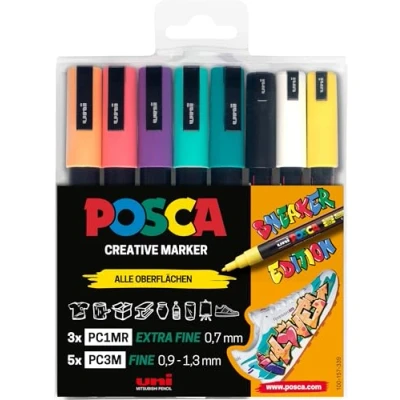 Immagine di Faber Castell uni ball 186827 POSCA Marker Set Penne Sneaker, astuccio da 8, opaco su superfici chiare