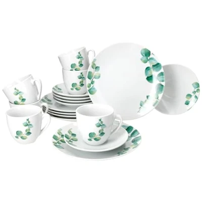 Immagine di MamboCat Servizio da caffè eucalipto, 18 pezzi, in porcellana bianca, con decorazione vegetale verde, per 6 persone, tazze 180 ml, piattini e piatti torta, stoviglie colazione
