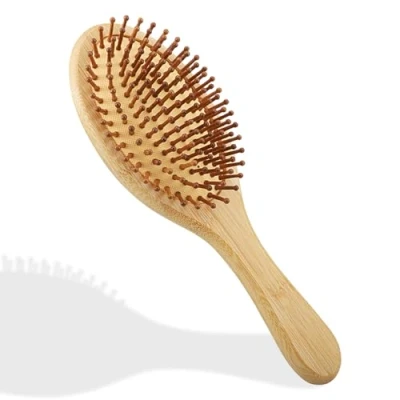 Immagine di Spazzola per capelli in bambù legno con perni naturali, Pettine massaggi legno, antistatica e anticrespo Adatto uomo donna (Rotonda)