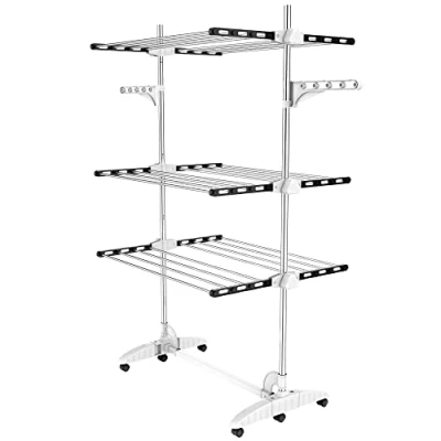 Immagine di Todeco Stendino per Biancheria, Stendibiancheria Materiale: Tubi in acciaio inossidabile Carico massimo: 3 kg ciascun barra di sostegno ripiani, Nero/Bianco, con ali