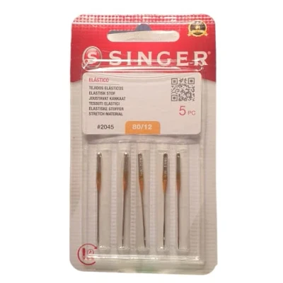 Immagine di Confezione da 10 aghi per macchine cucire Singer 2045 spessore 80/12 tessuti elastici e lavorati a maglia (stretch) 130/705 H S (Talone piatto su un lato) Universali