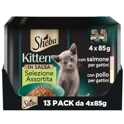 Immagine di Sheba Kitten Selezione Assortita in Salsa con Salmone e Pollo, cibo umido completo per gattini, 52 Bustine da 85g