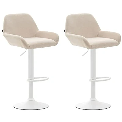 Immagine di CLP Set 2 Sgabelli Bar Braga In Tessuto I Coppia Sedie Cucina Regolabili Con Schienale E Braccioli, Colore:crema, Colore del telaio:bianco